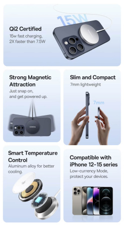 Baseus Qi2 15 W ātrs bezvadu lādētājs ar Magsafe iPhone